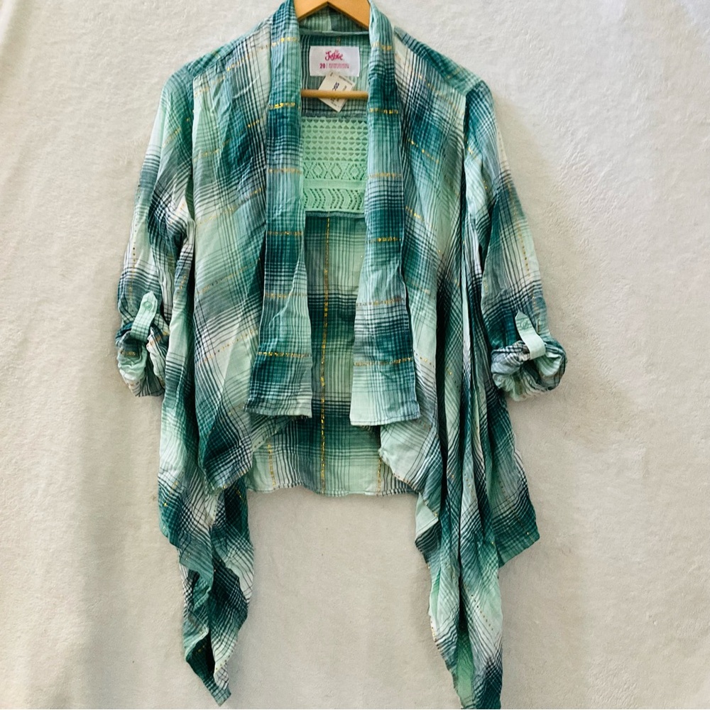 🌼4/$10🌼 NWT JUSTICE Green & Metallic Gold Open Front Cardigan Crotchet Detail